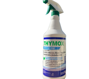 Thymox disinfectant spray bottle on white background.