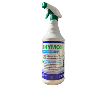 Thymox disinfectant spray bottle on white background.