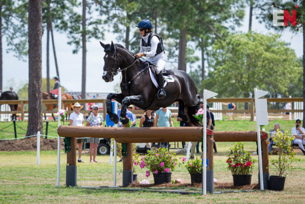 Rider jumping black horse over log obstacle